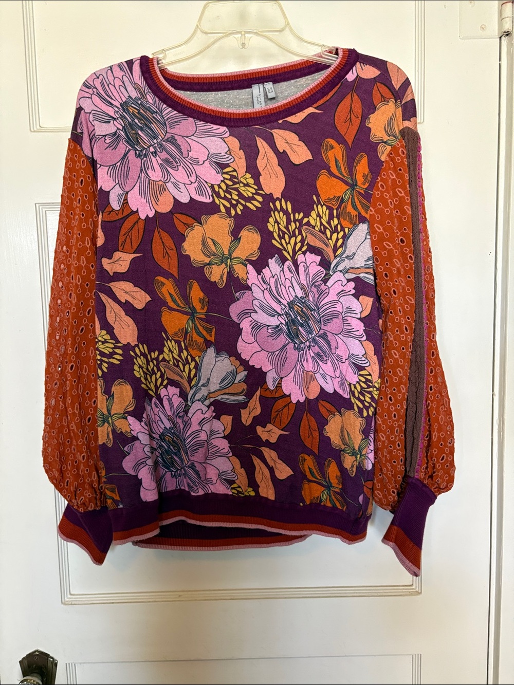 Bl^nk London Floral Crewneck Knit Top with Eyelet Sleeves Size PL